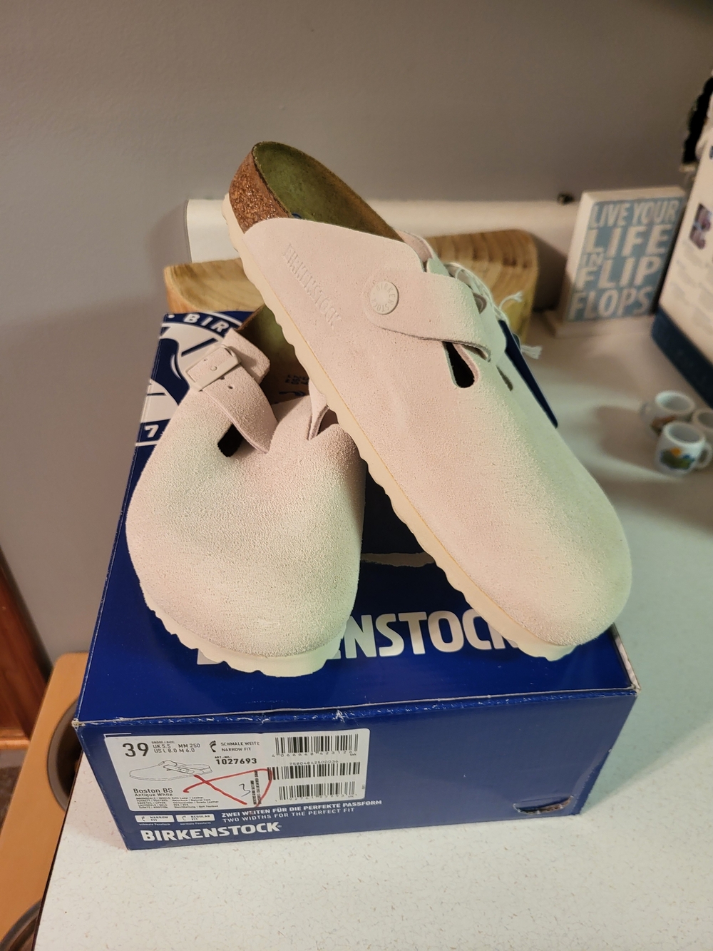 New Birkenstock Boston Soft Footbed antique white Suede Clog Buckle EU 39 Narrow